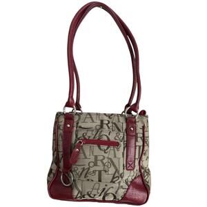 Y2K Script Print Canvas Shoulder Bag Red Croc Trim Mini Tote Sag Harbor